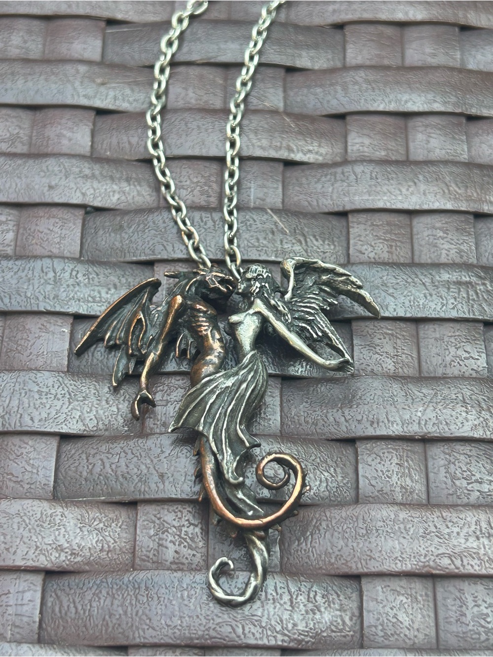 ANGEL & DRAGON DUAL PENDANT 2.5” and 10.5” Necklace Two-Tone Silver & Bronze - Picture 2 of 15